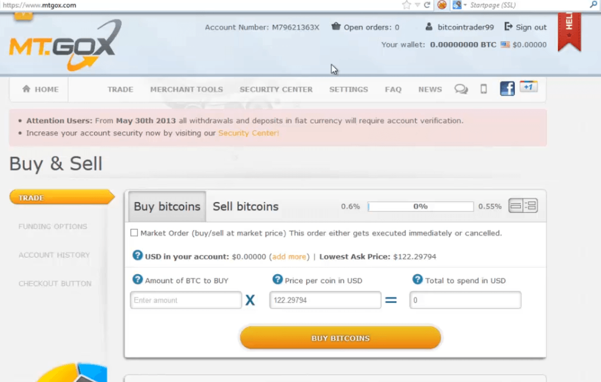 Old screenshot of Mt. Gox Bitcoin exchange early trading interface